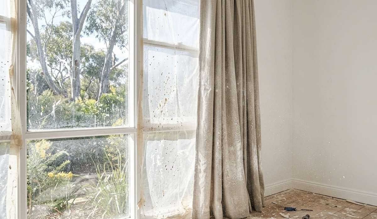 Heavy linen curtains covered in white construction dust hang next to a window protected by paint-splattered plastic in a room undergoing renovation.