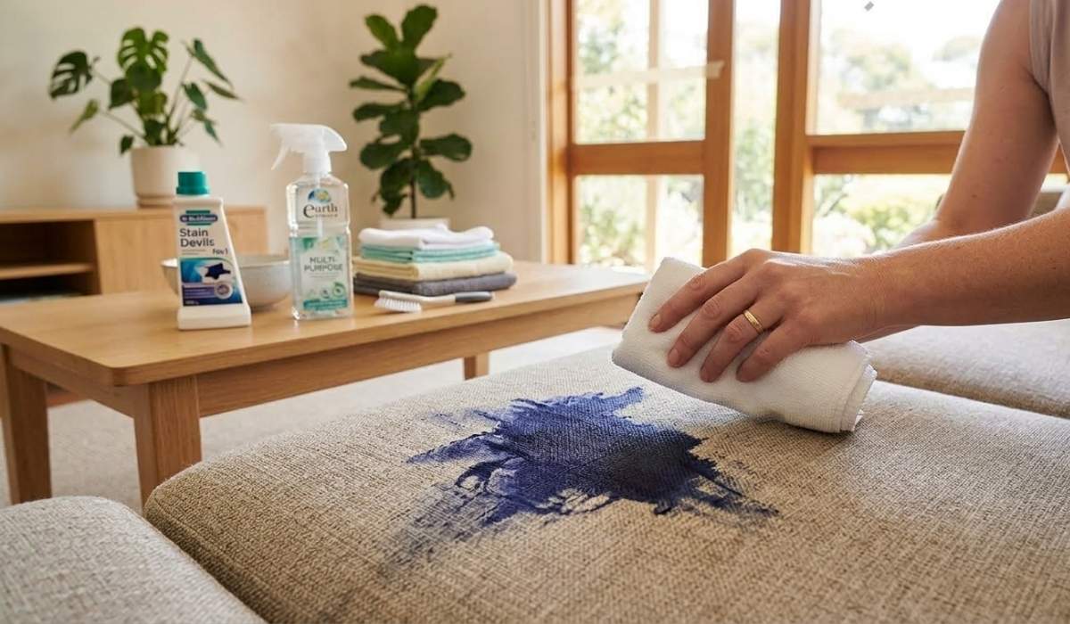 Close-up of a hand blotting a blue ink stain on a beige sofa with a white cloth, with cleaning products on a nearby coffee table.