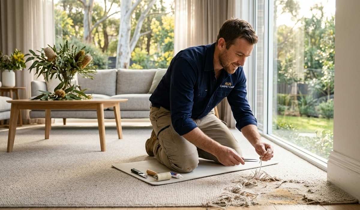 A focused technician in a navy work shirt kneels in a sunlit living room, using specialized tools to repair a heavily frayed and worn section of light beige carpet.